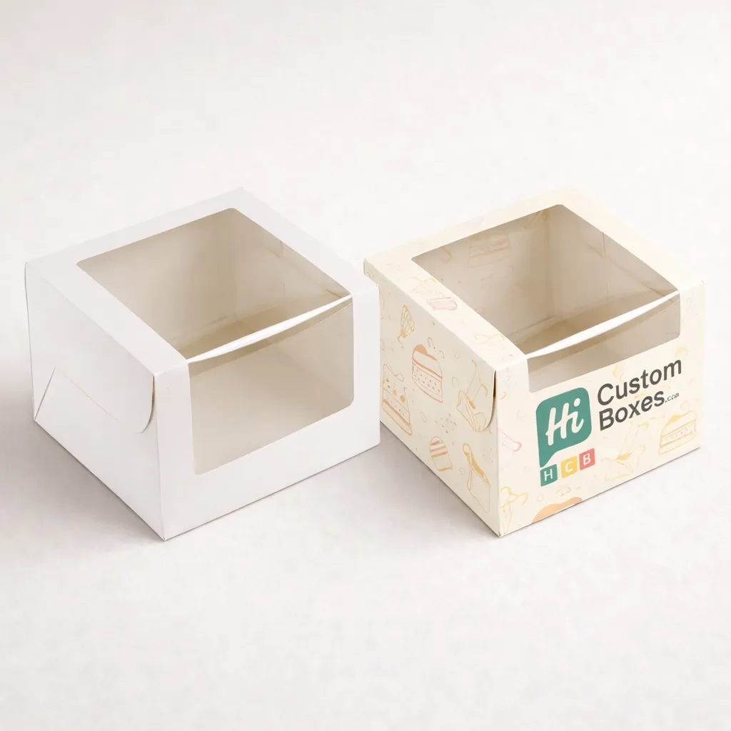 Two retail cartons with cutout windows, one plain white and one showing blue floral branding. class=